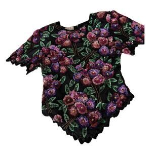 Laurence Kazar Black Silk Sequins Flowers Pink Light Petite Large Purple Green